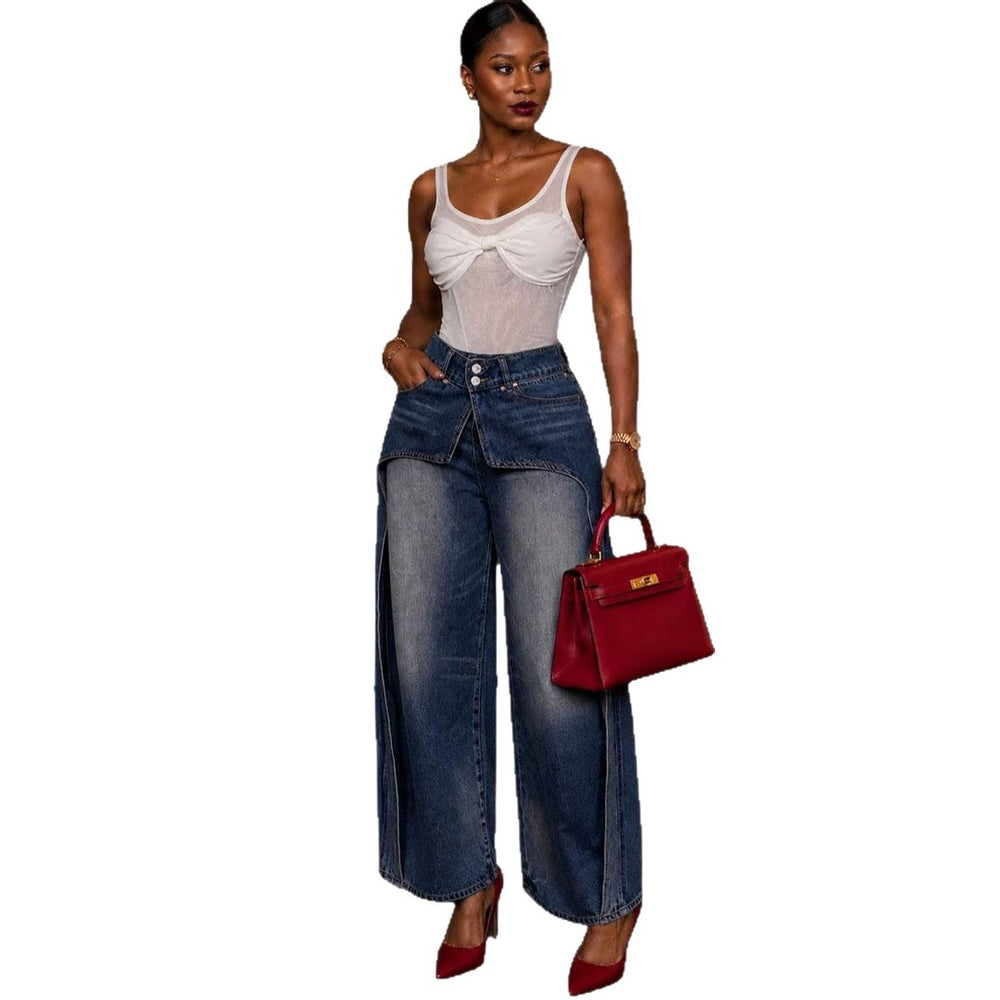 European and american style women's casual denim faux two-piece skirt pants - new  cross-border women's clothing - washed vintage straight-leg pants