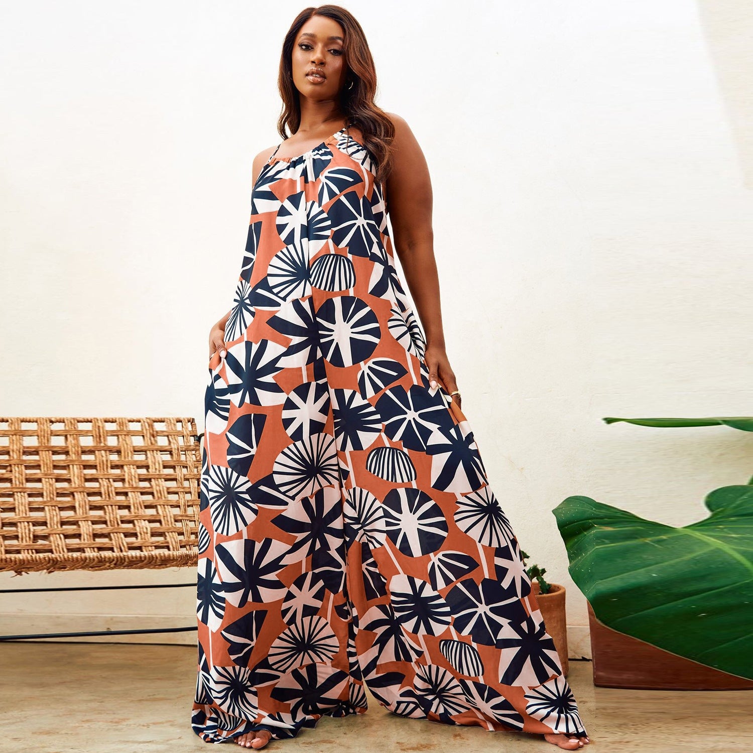 S10489 European and American, sexy, slim plus size, printed, suspenders, wide legs, printed, maternity pants jumpsuit