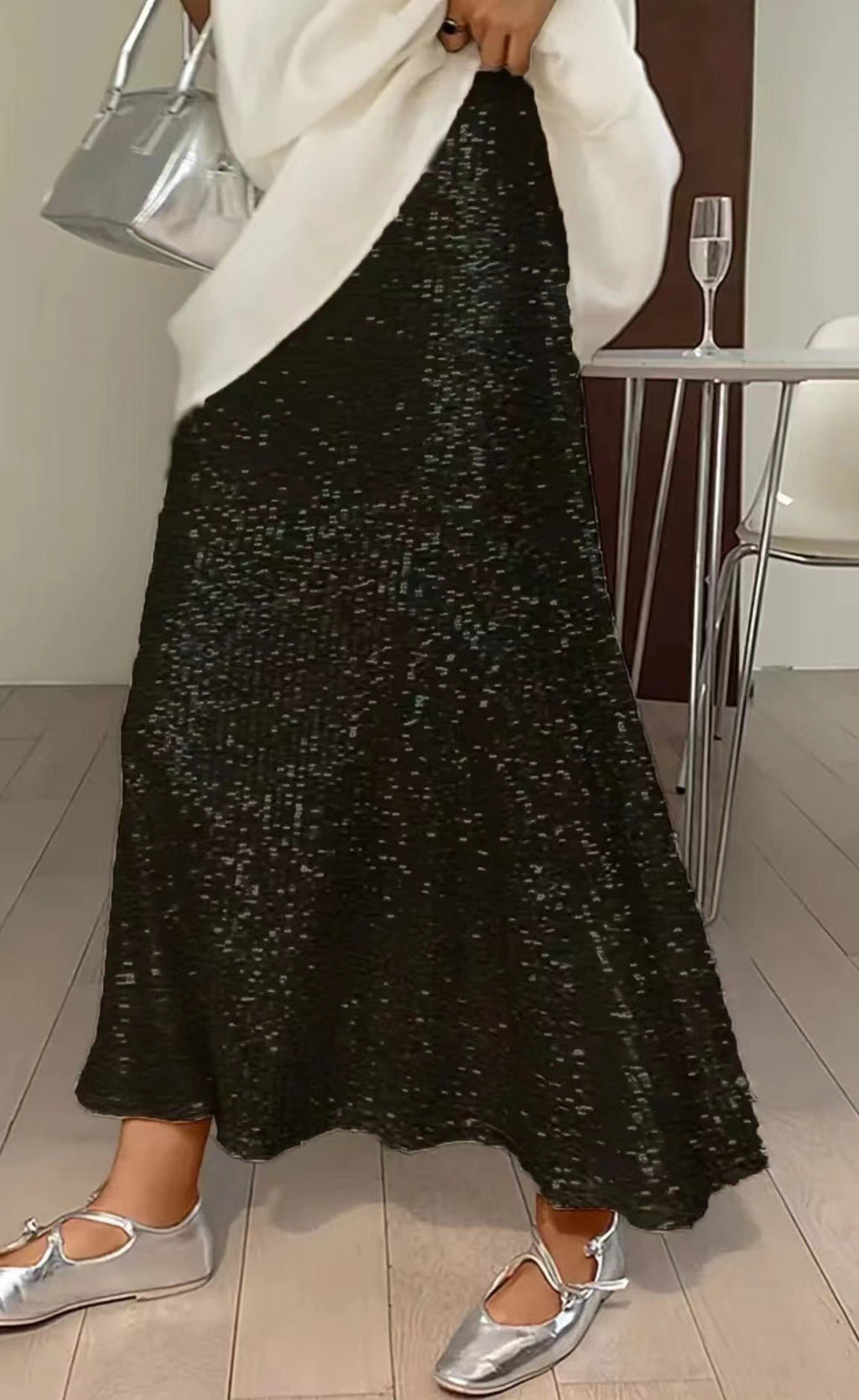 2025 European and American   new fashion sequins elastic high waist lining elastic drape skirt long skirt women