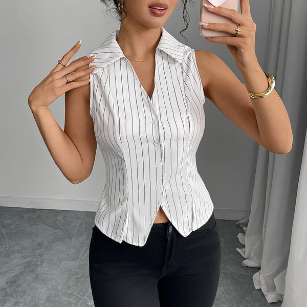 Ruimu   Europe and America sleeveless striped shirt 2025 summer temperament slim shirt cardigan top women's clothing