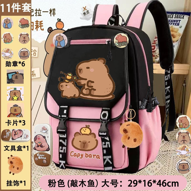 export cartoon capybara backpack - large capacity school bag for middle and elementary school girls - cute capybara backpack