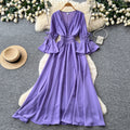 Vintage chic lantern sleeve v-neck tie-up dress - spring korean style women's red slimming waist elegant maxi dress