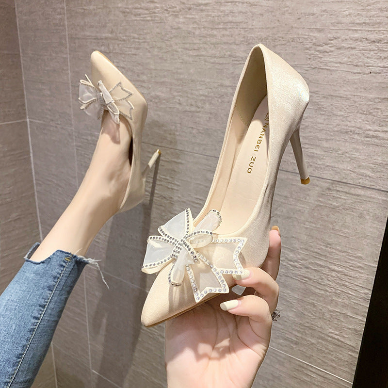 Fairy-style stiletto heels for women, new 2025 design featuring a bow, rhinestone embellishments, pointed toe, and a low-cut silhouette