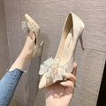 Fairy-style stiletto heels for women, new 2025 design featuring a bow, rhinestone embellishments, pointed toe, and a low-cut silhouette