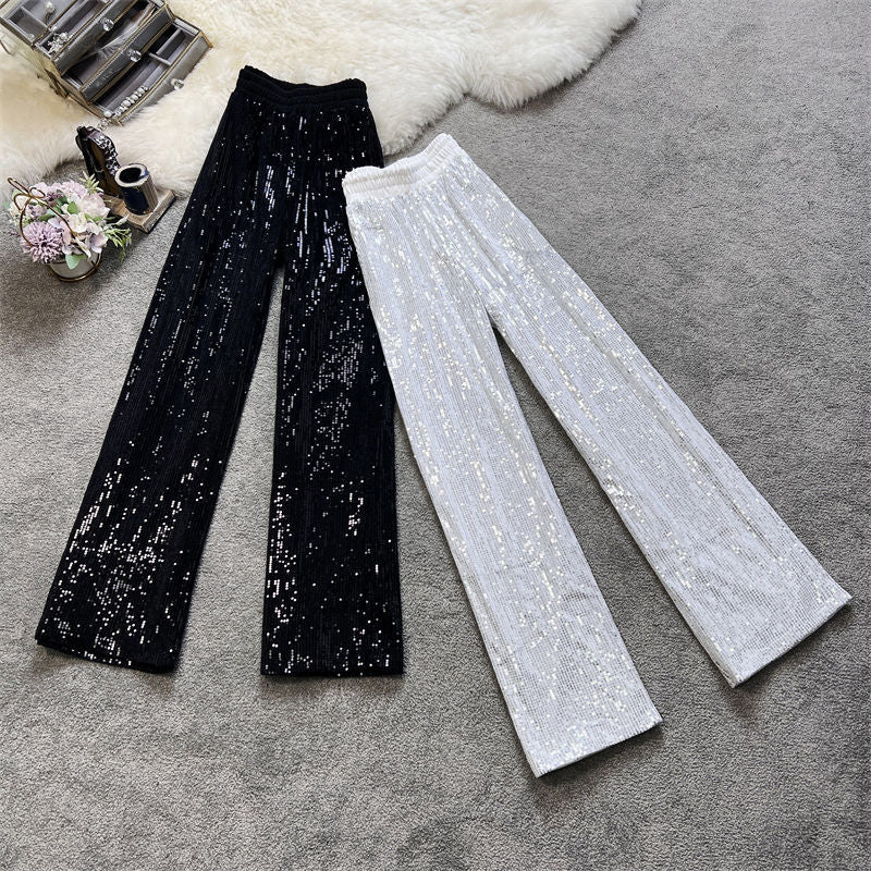 summer new arrival: flowy starry sky straight-leg pants - elastic waist, sparkling sequins, casual, loose fit, slimming wide-leg trousers