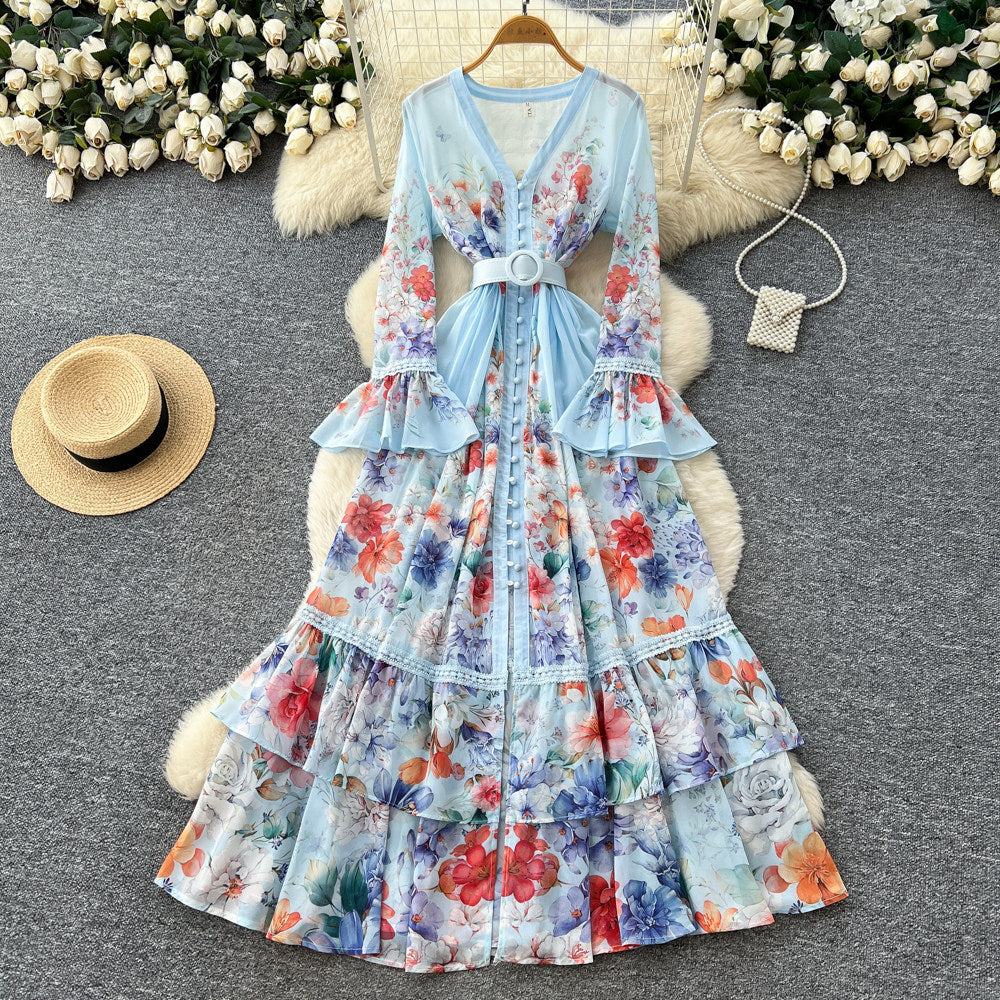 French chic floral v-neck printed dress - women's spring long sleeve a-line midi dress - office-ready elegant maxi dress
