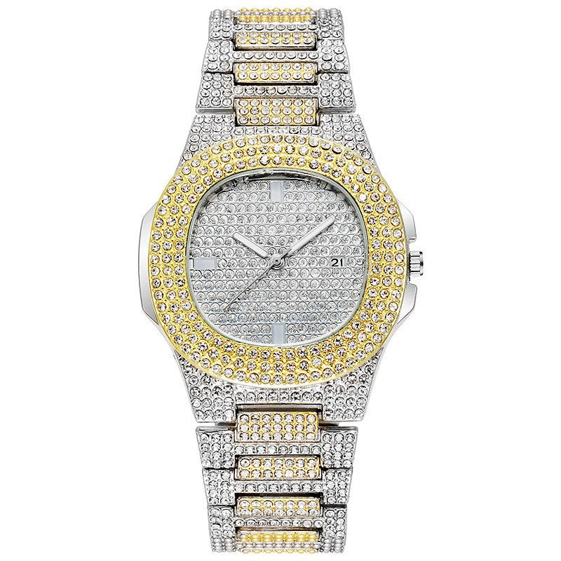 European and american hip-hop style fashion diamond watch for men and women, square large gold watch, trendy steel band quartz watch