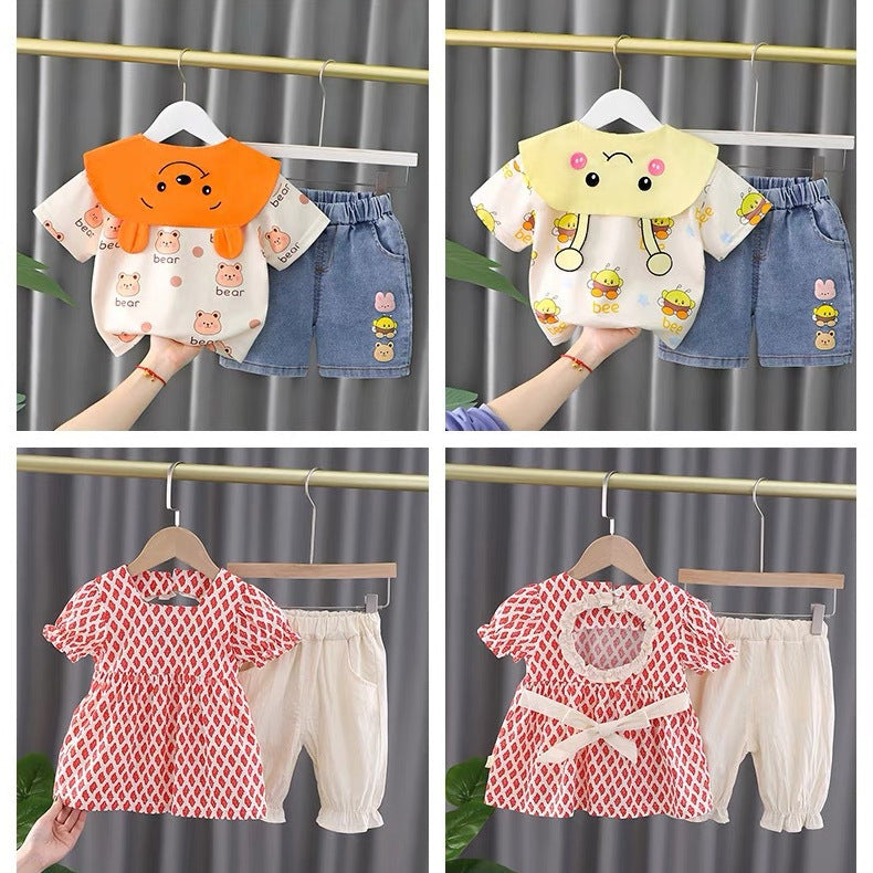 Girls' short-sleeve outfit:  new fashionable and stylish summer two-piece set for baby girls - short-sleeve top and shorts