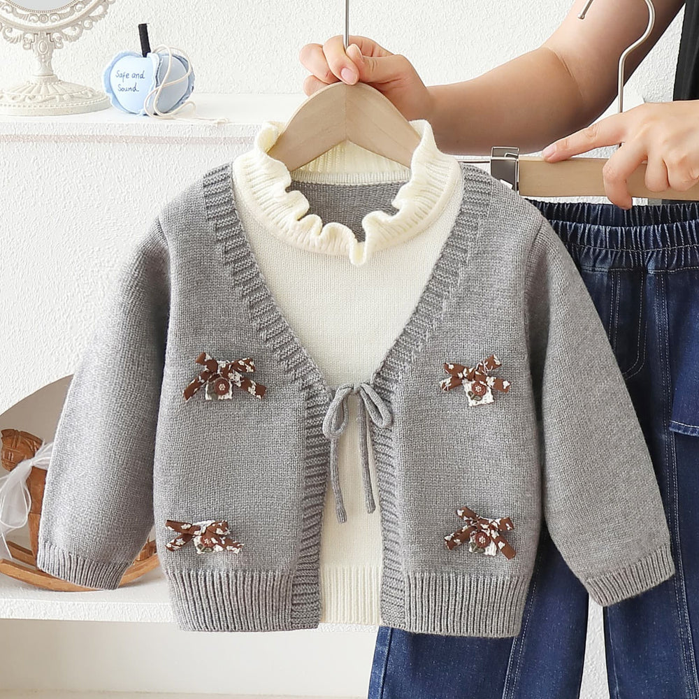 Girls' casual outfit set, autumn/winter : knitted sweater jacket with 3d bow detail, stylish two-piece set for little girls
