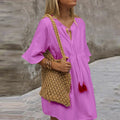 cross-border hot selling european and american v-neck tie-up loose minimalist short-sleeve dress - in stock