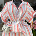 European and american cross-border women's fashion:  spring new arrival - stylish notch lapel striped short-sleeve shirt and tie-waist wide-leg shorts set