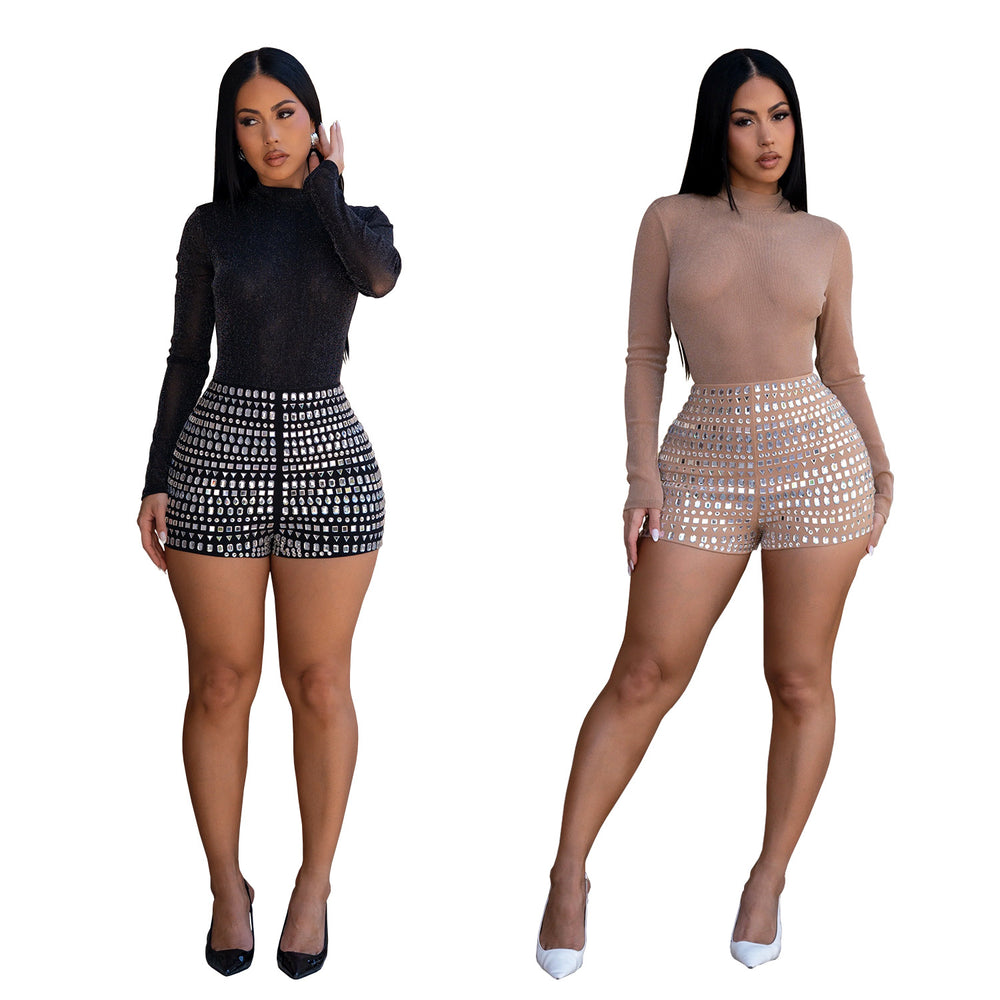 C7665 cross-border   fashion women's sexy rhinestone see-through bodycon jumpsuit