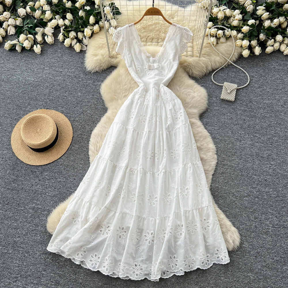 French riviera style v-neck white hollow-out lace trim dress - women's summer high-waisted slimming elegant maxi dress