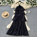 Vacation-style sleeveless romantic yellow cake dress - women's summer ruffle trim slimming fairy dress