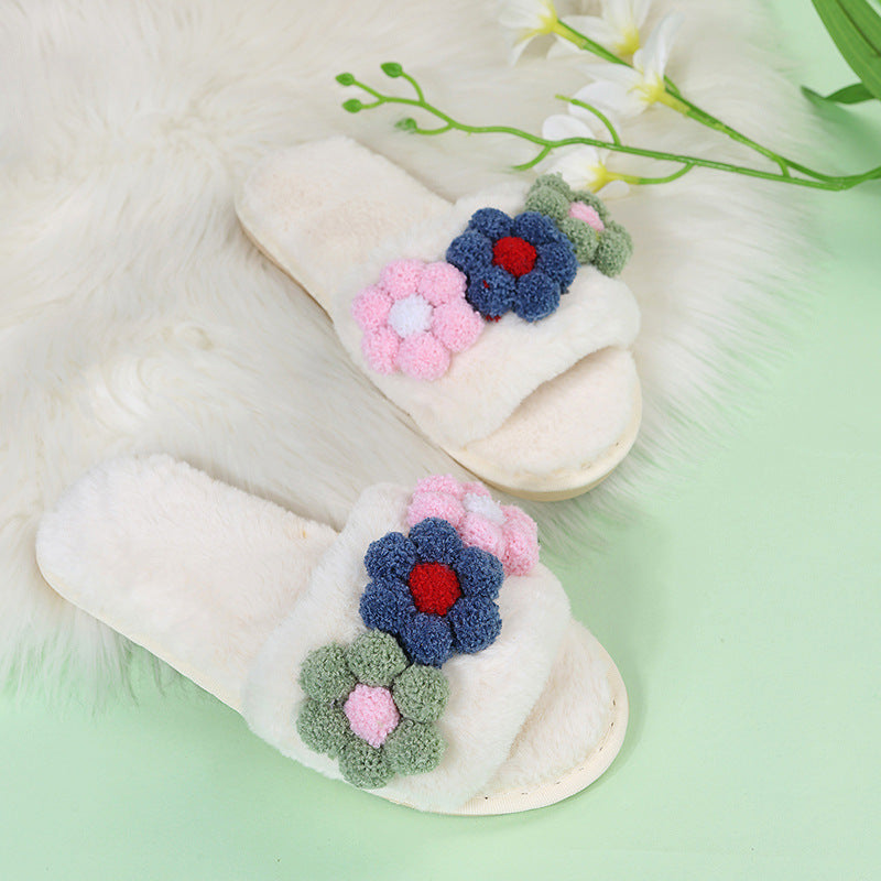 plus size women's shoes flats colorful flowers furry slippers women's open toe k-style one-piece outwear slippers trendy dropshipping