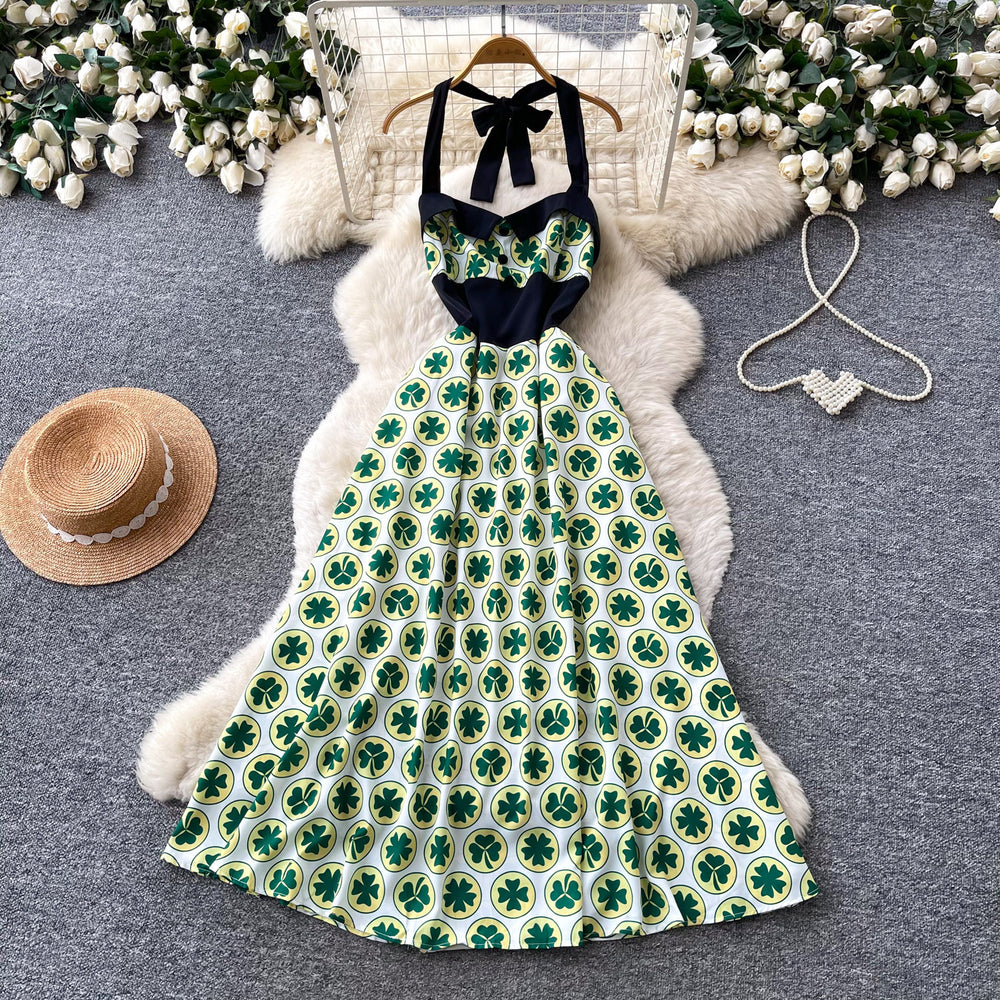 Retro style halterprintingbacklessdress women's summer sleeveless tie back high waistslimming lookelegant a-line skirt