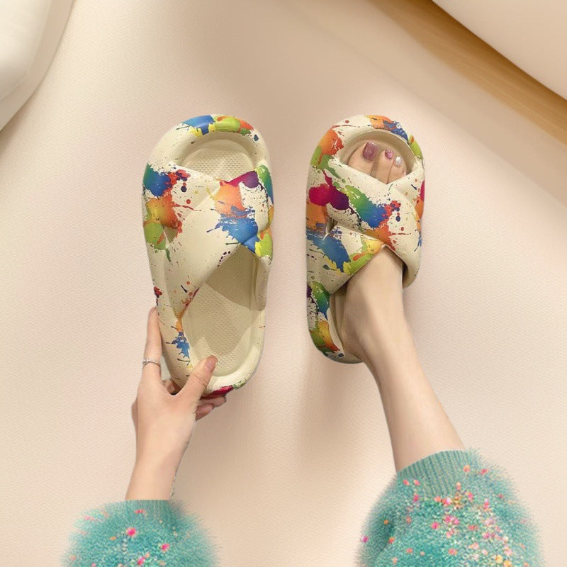 Women's slippers - 2025 summer new arrivals: trendy graffiti design, thick sole, outdoor/indoor wear, crossover sandals