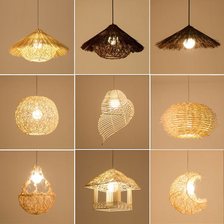 Vintage rattan straw hat chandelier rattan art round bird's nest Chinese pastoral hotel restaurant agritainment bed and breakfast straw hat lamp