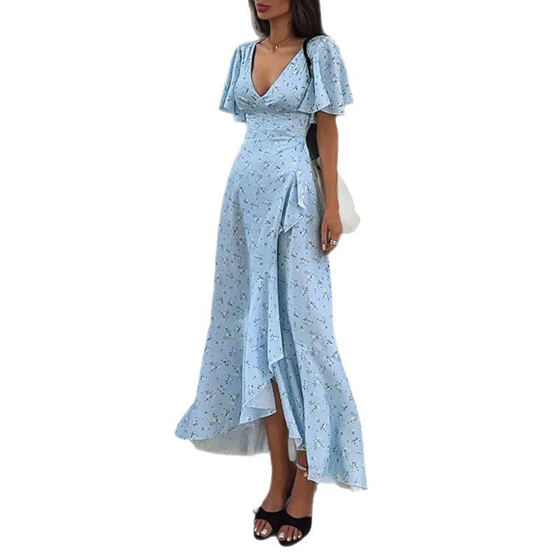 european and american export women's summer new fashion v-neck printed ruffle sleeve cinched waist beach vacation dress