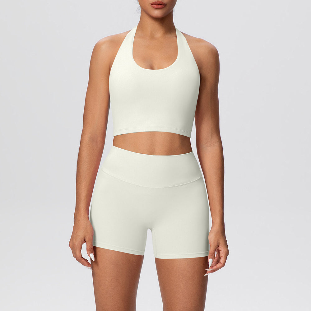 New arrival cross-border pure color double-sided brushed tight haltershorts yoga suit sports running fitness two-piece set