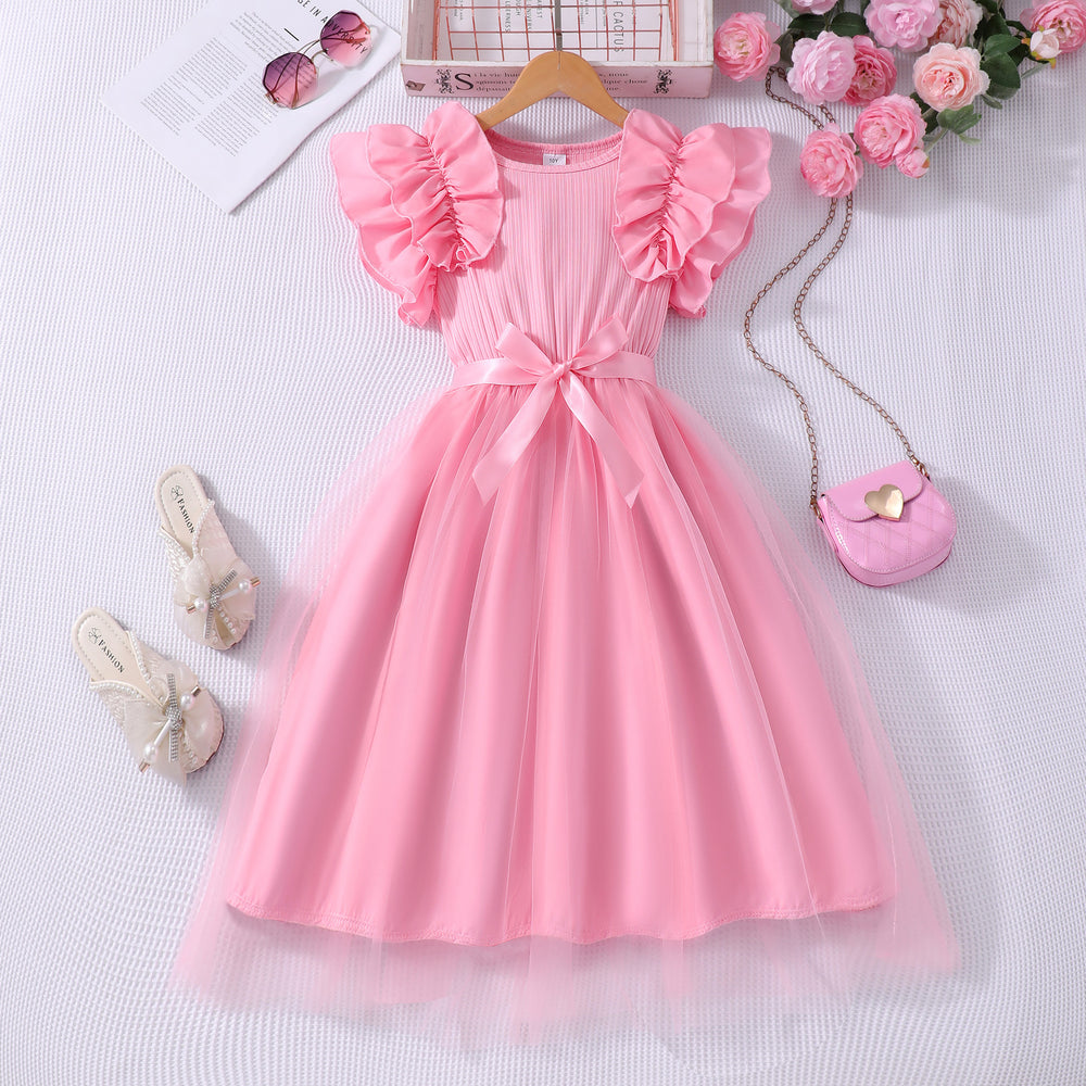 Girls' plus/minus size dress, ruffle flutter sleeve ribbed knit mesh round neck summer casual dress