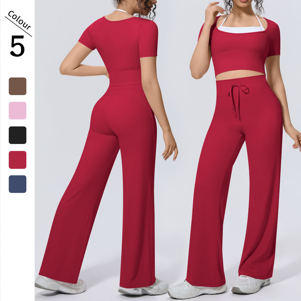 Fake two-piece sports short-sleeved yoga suit with chest pad, drawstring wide-leg straight-leg pants, quick-drying running fitness suit