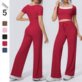 Fake two-piece sports short-sleeved yoga suit with chest pad, drawstring wide-leg straight-leg pants, quick-drying running fitness suit