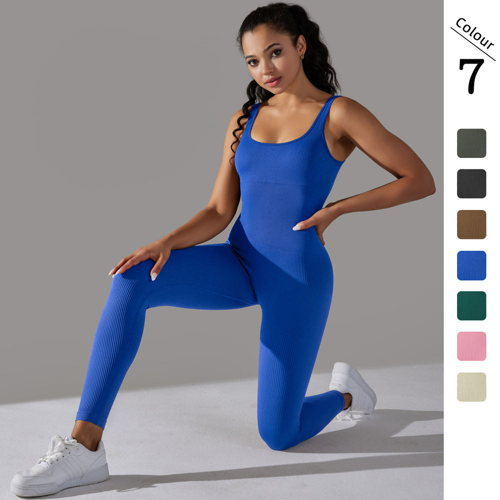 seamless knitting threaded pure color tight flat collar jumpsuit sports running fitness yoga wear one-piece suit