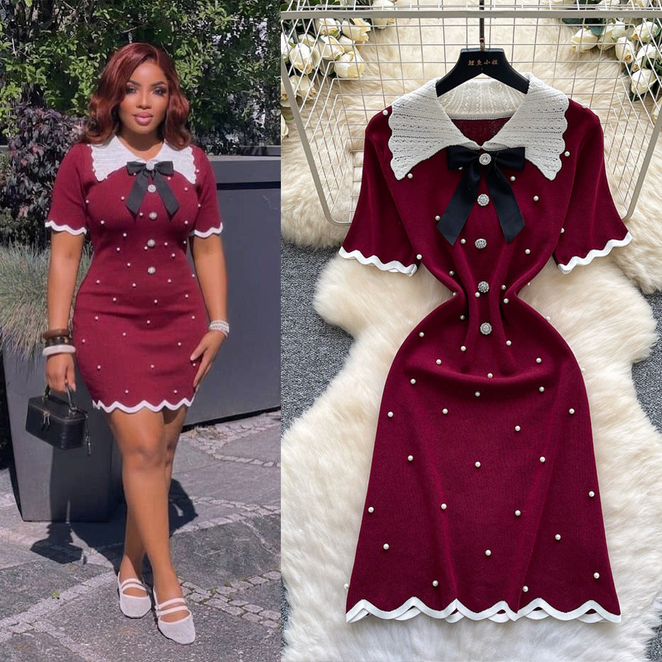 Export cross-border doll collar sweetbowsknittingdress women's summer pearl decoration waist work clothing a-line skirt