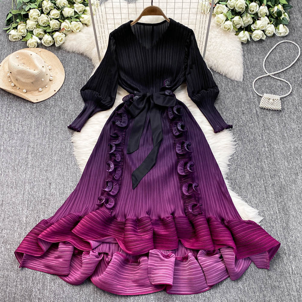 Miya foreign trade premium banquet gown - gradient ruffle detail, heavily pleated, slim-fit long dress