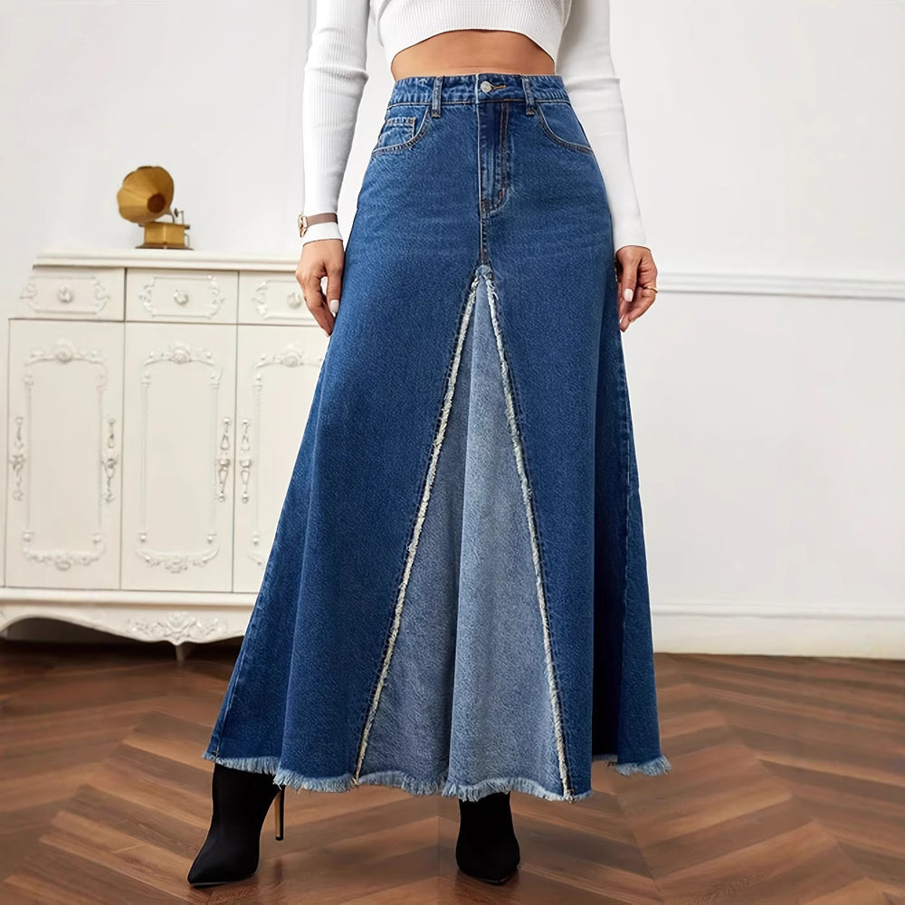 European and american patchwork midi skirt  new arrival - hot selling export raw hem denim skirt - washed slit denim midi skirt