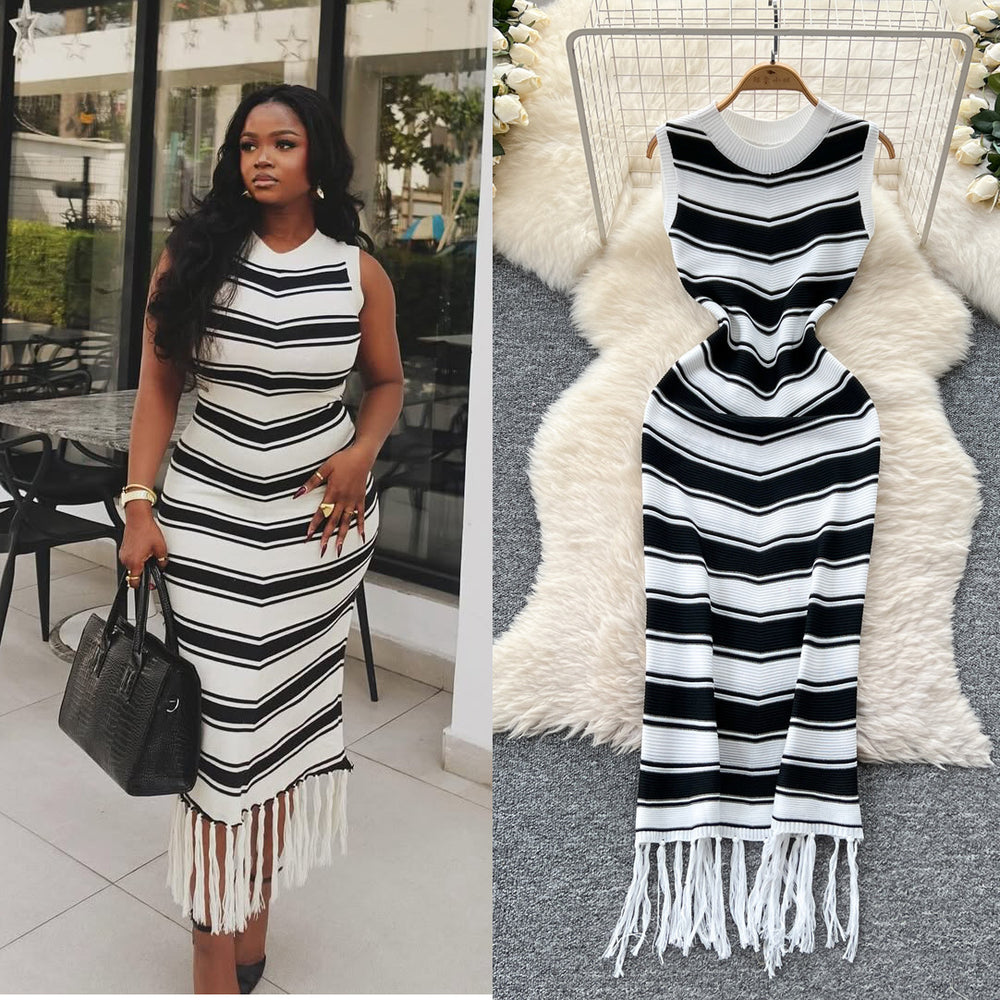 Goddess style elegantsilm round neck sleeveless color block stripesknittingdress women's summer tight hip tassel skirt