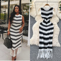 Goddess style elegantsilm round neck sleeveless color block stripesknittingdress women's summer tight hip tassel skirt