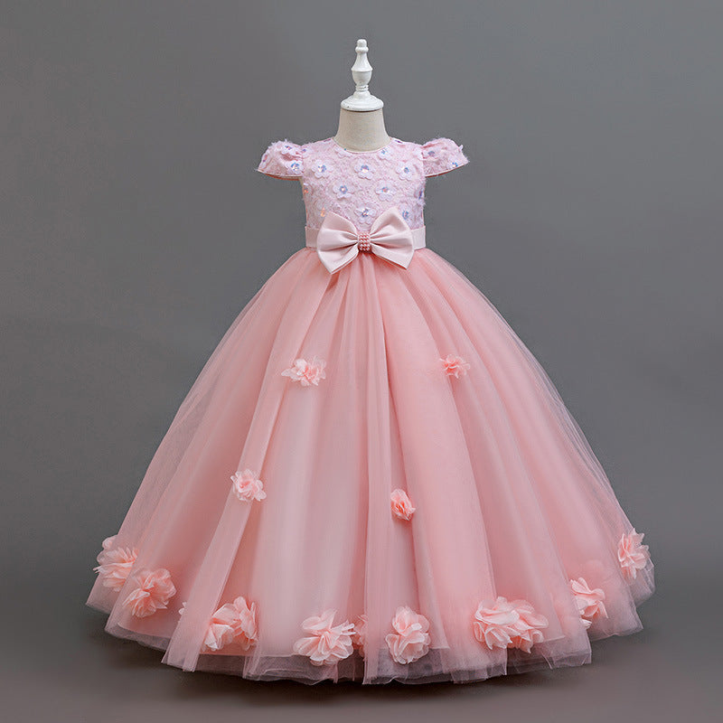 Export style girl dress mesh long half sleeve embroidered princess dress flower girl wedding dress elegance girl clothing in stock
