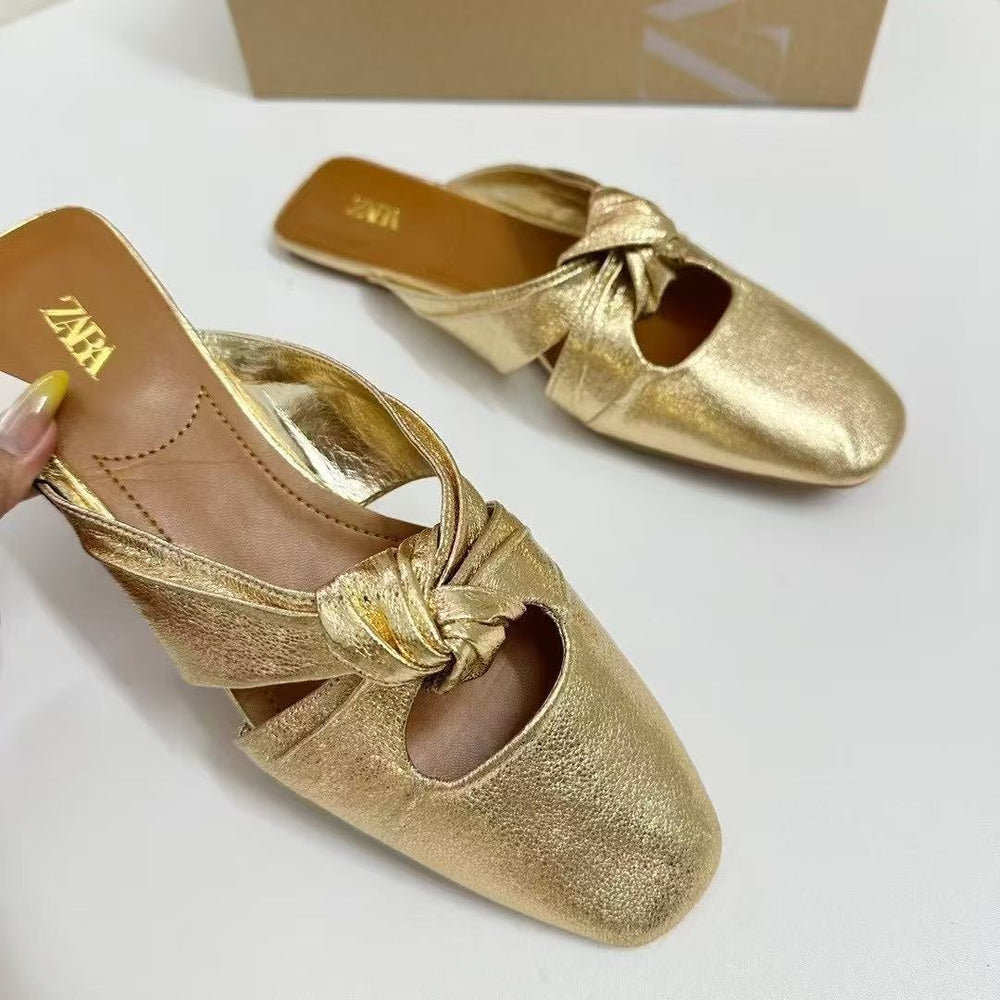 Za women's shoes spain 2025 autumn closed-toe gold knot detail flat backless fashion shoes