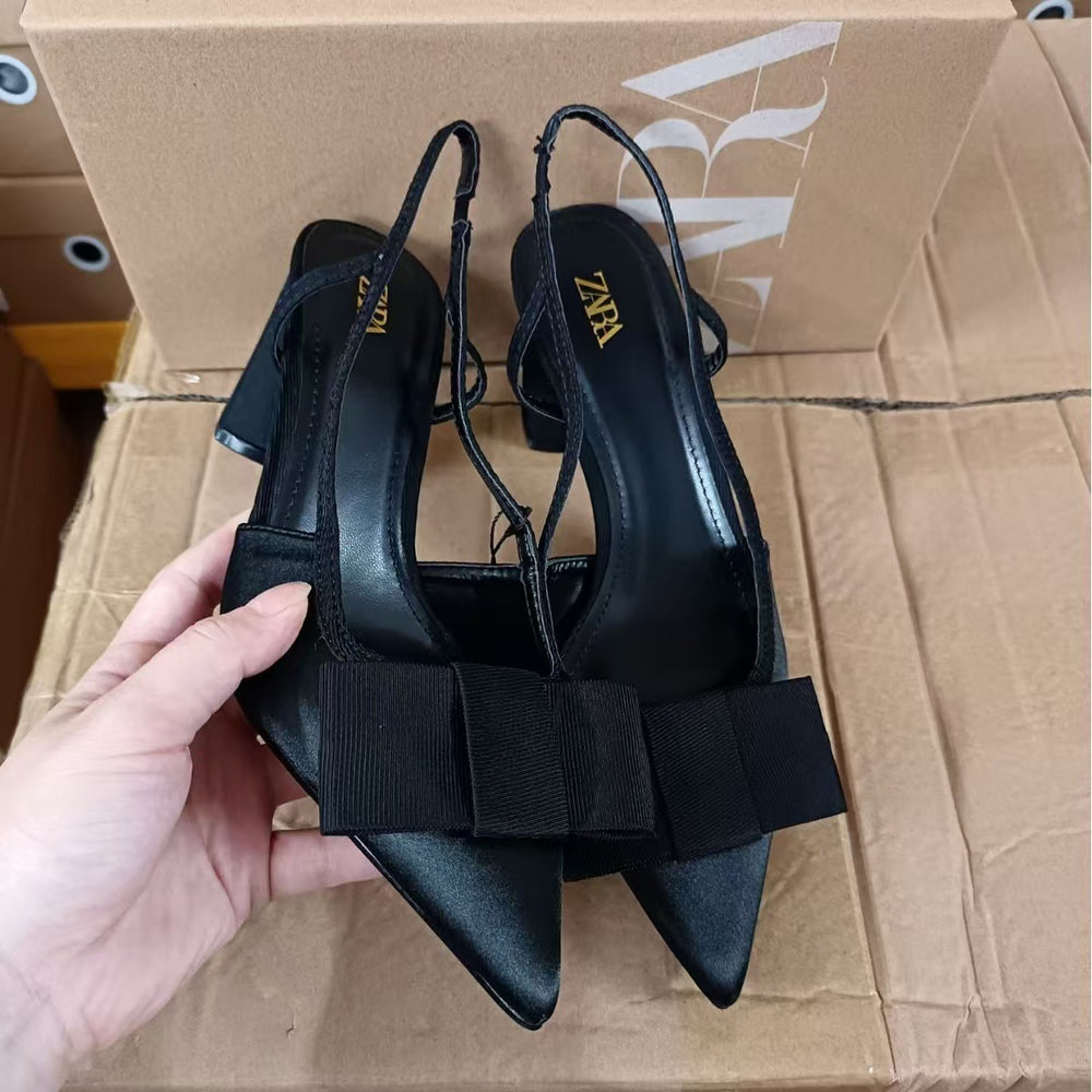 Za2024autum new women's shoes black bows decorated open heel thick heel pointed toe high heels toe cap sandals flats