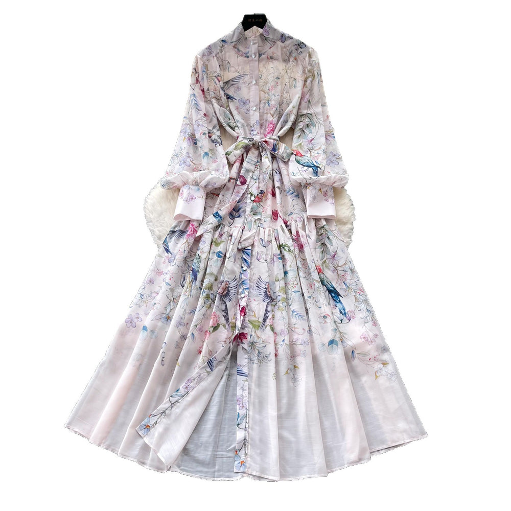 French retro print lantern sleeve dress - women's autumn korean style tie-waist slimming a-line maxi dress - commute friendly