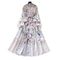 French retro print lantern sleeve dress - women's autumn korean style tie-waist slimming a-line maxi dress - commute friendly