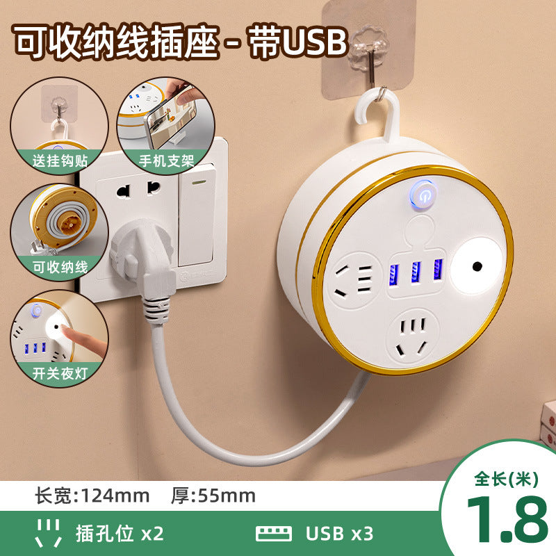 Retractable power strip with usb ports, cord management panel, multi-outlet socket, and built-in cable – ideal for home, dorm, and office use