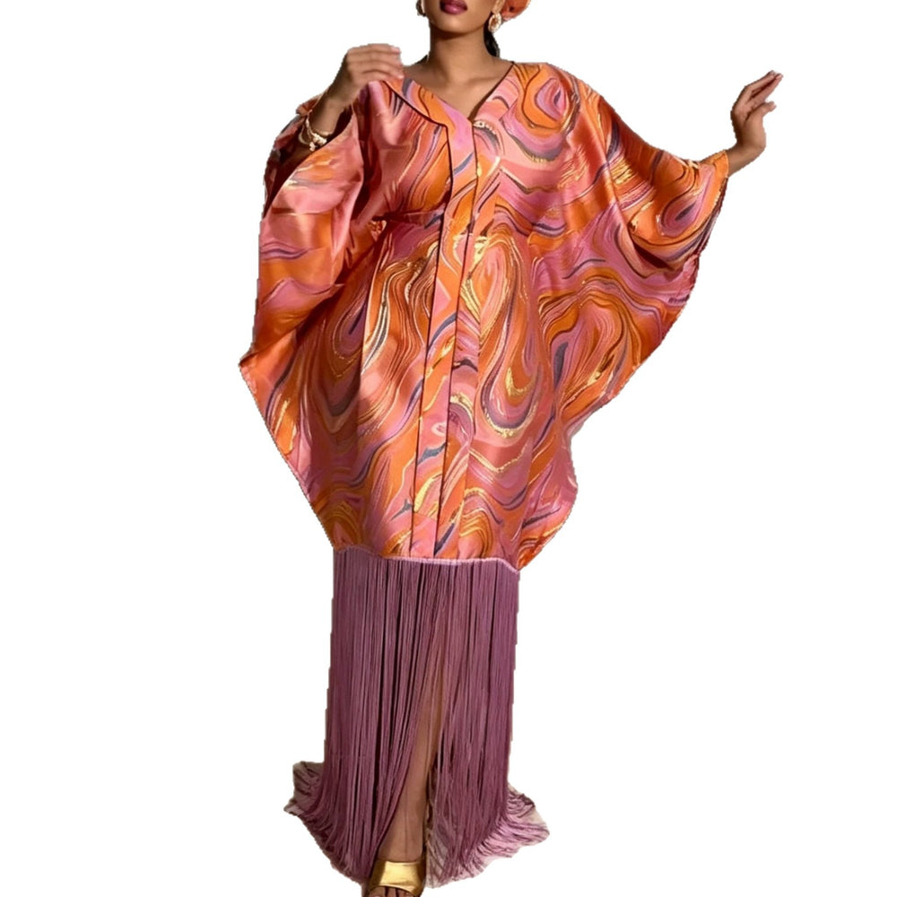 African ethnic print batwing sleeve v-neck dress - designer drawstring waist tassel robe bubu dress