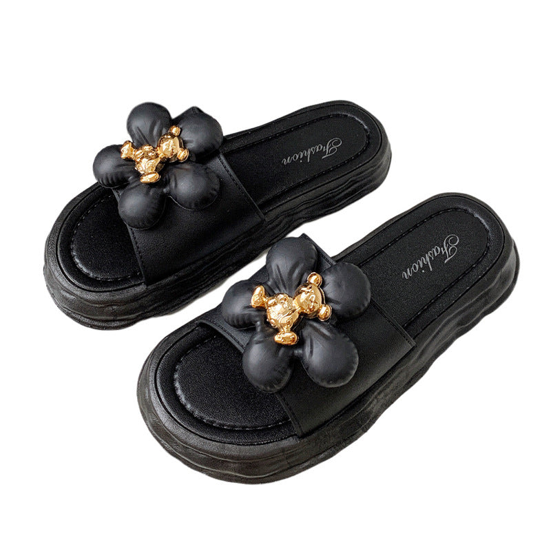 Fashionable and luxurious women's slippers: thickened, floral-embellished, indoor/outdoor, bathroom, anti-slip, summer korean style