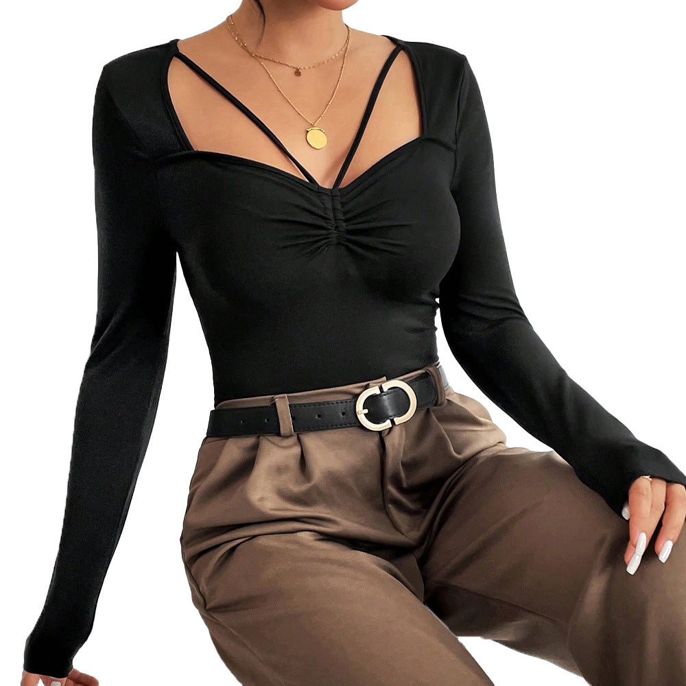 european and american women's clothing  spring/summer designer long-sleeve t-shirt, solid color, elegant commute top
