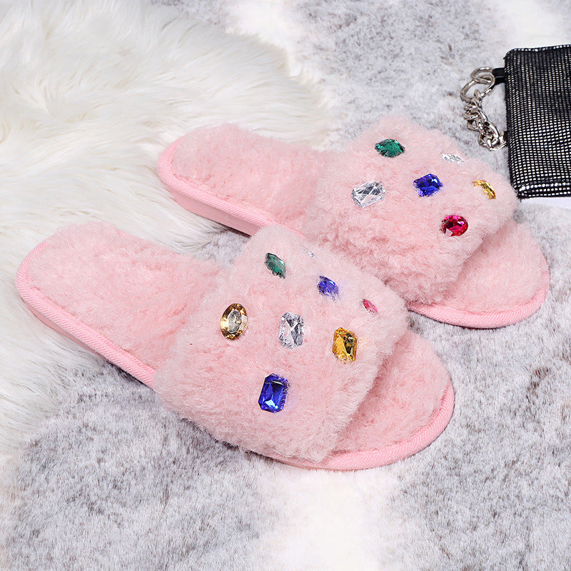 Exportplus size fur slippers 24 years fashion rhinestone women's slippers independent station fur slippers in stock wholesale