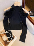 Atmosphere stuffed off-shoulder knitting shirt half turtleneck feather patchwork shoulder pit strip silmshort women's tops