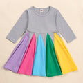 New girls' dress: stylish color block long-sleeve rainbow princess dress for toddlers and young children