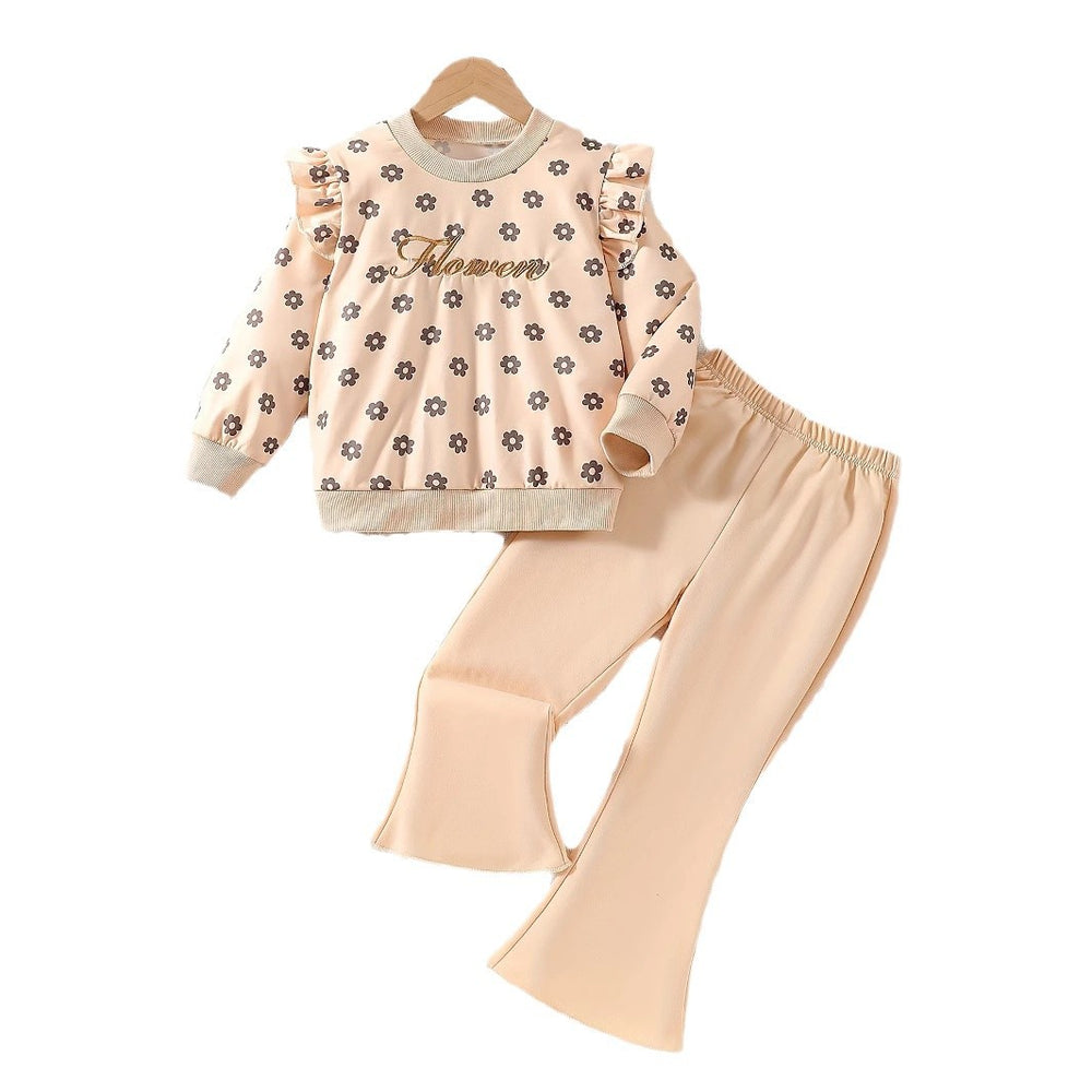 autumn girls' outfit: round neck long sleeve sweatshirt with floral print and lace flutter sleeves, matching flared pants two-piece set