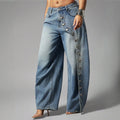 High street fashionjeans women's diagonal metal buckle loose pants gradient washed loosedraped denim moppants