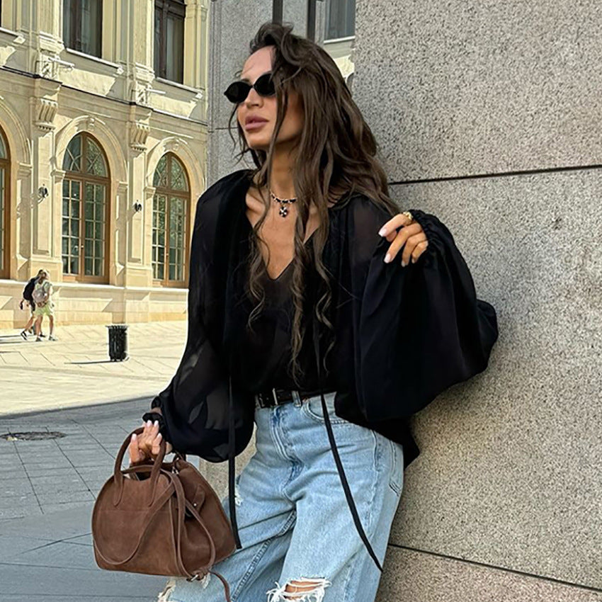 European and American black chiffon top women's clothing 2025 spring  commuting design sense pullover V-neck lantern sleeve shirt