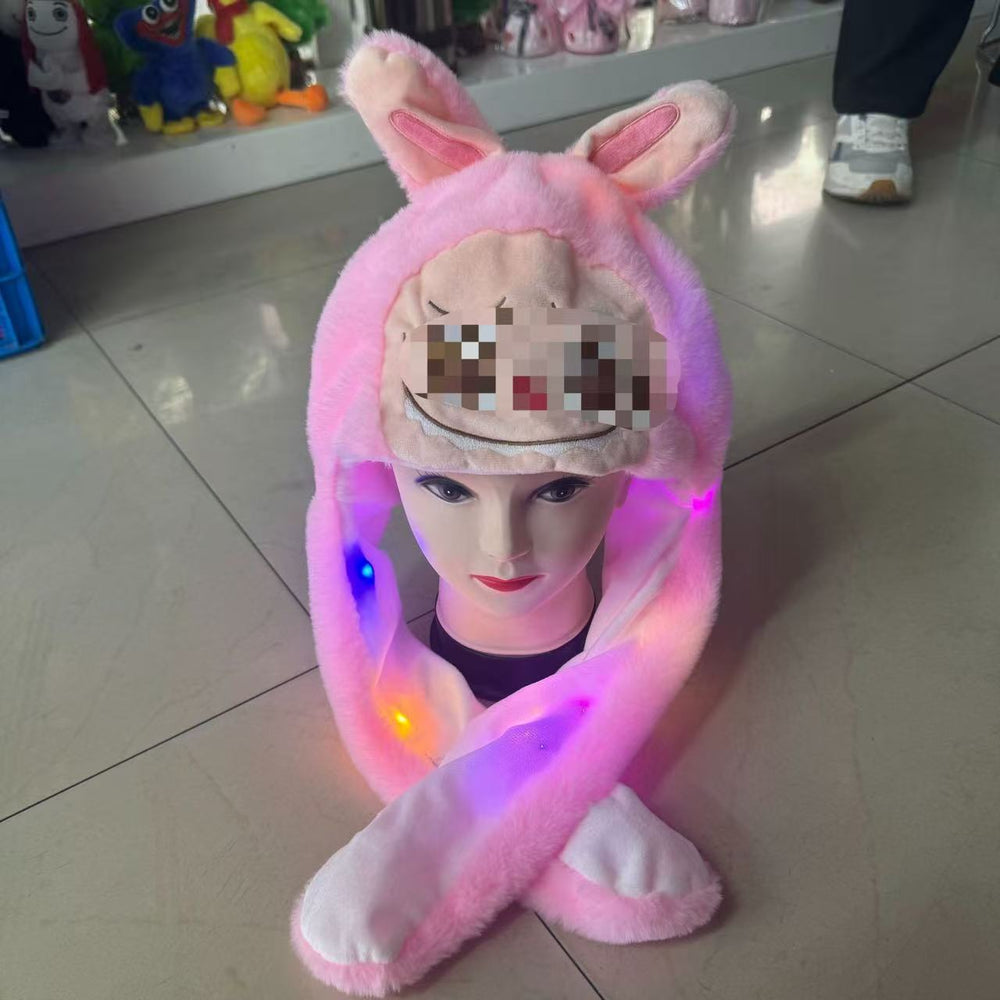Tiktok viral cute plush bunny hat - squeeze the ears to make them move! light-up airbag beanie for warmth and cold protection