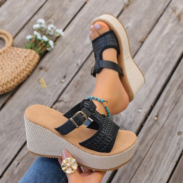 New arrival: women's chunky platform thong sandals - european & american style, hollow-out design, buckle closure, woven strap, wedge heel, perfect for beach & pool